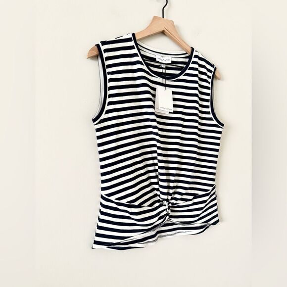 NWT Gibson * Latimer Cotton Blend Sleeveless Top in Navy & White Stripe - Size S - Picture 2 of 5